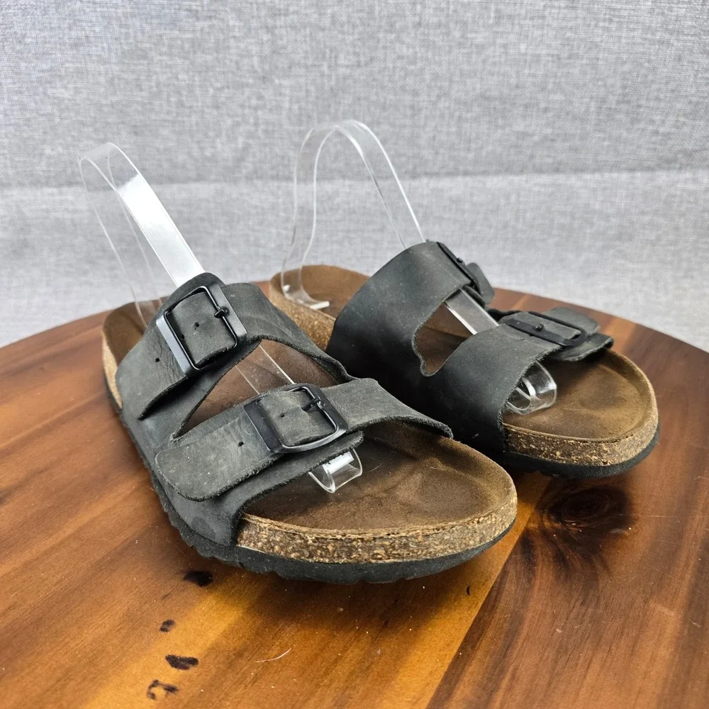 Aurenti Genuine Leather Black Double Strap Buckle Cork Footbed SlideSandals SZ11